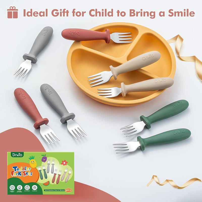 DRKIO 8 Pieces Toddler Forks Set - Baby Forks with Silicone Handle Children safe 18/8 Stainless Steel Toddler Utensils Set for Self Feeding Kids Silverware Anti-Choke Design Food Grade Dishwasher Safe - Image 5